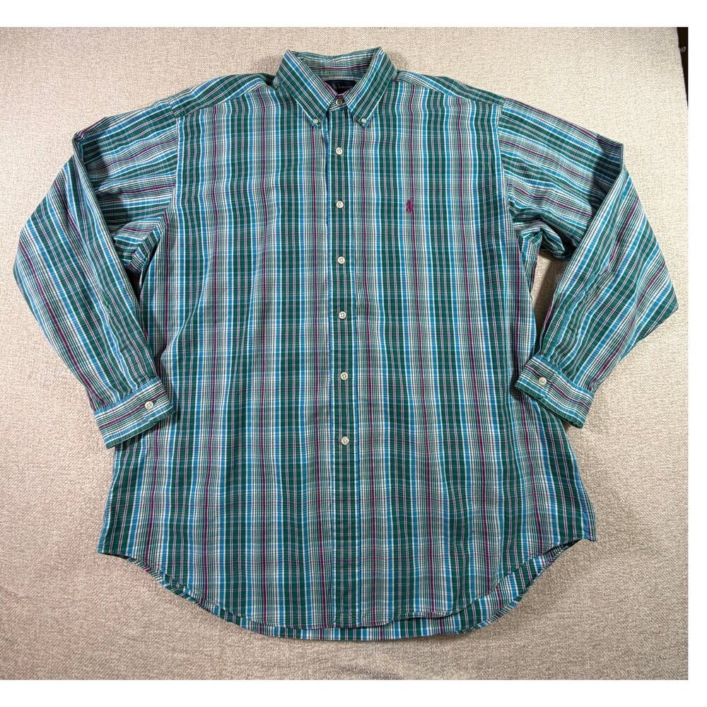 Ralph Lauren Men XL Green Blue Plaid Blake Long Sleeve Button Front Shirt Preppy